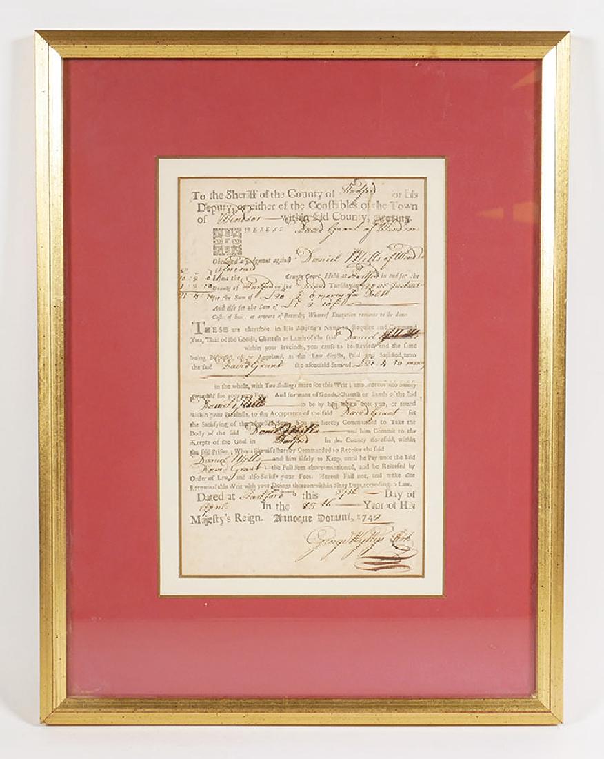 1742 Connecticut Debtor's Arrest Warrant Signed: Arrest warrant empowering the sheriff of Hartford County to remand a debtor to prison until he satisfies his debt, dated 1742 and signed at bottom by George Wyllys, secretary of the colony (descendant