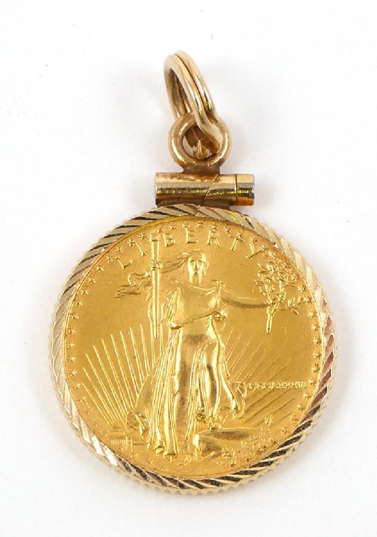 1986 US 1/10 Troy Ounce Gold $5 Eagle Coin Pendant: Nice BU 1/10 Ounce gold Eagle coin, first year of issue, in 14k gold pendant frame.