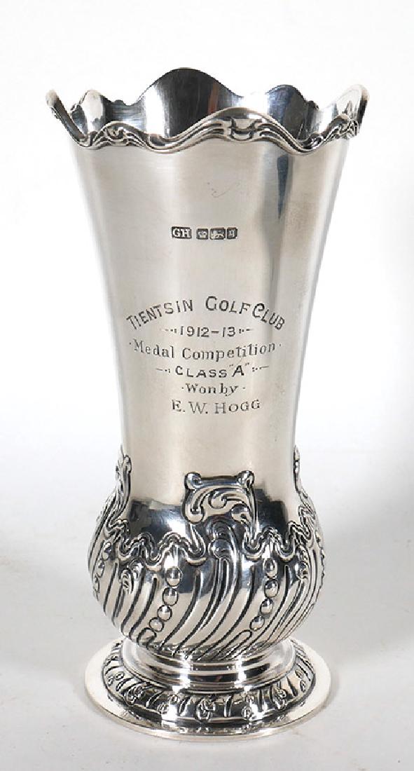1913 Sterling Silver Golf Trophy Tientsin China: Fine antique sterling silver golf tournament trophy from Tientsin Golf Club (Tientsin is presently known in English as Tianjin) in China. Won by E.W. Hogg (presumed to be the same E.W. Hogg who was a 