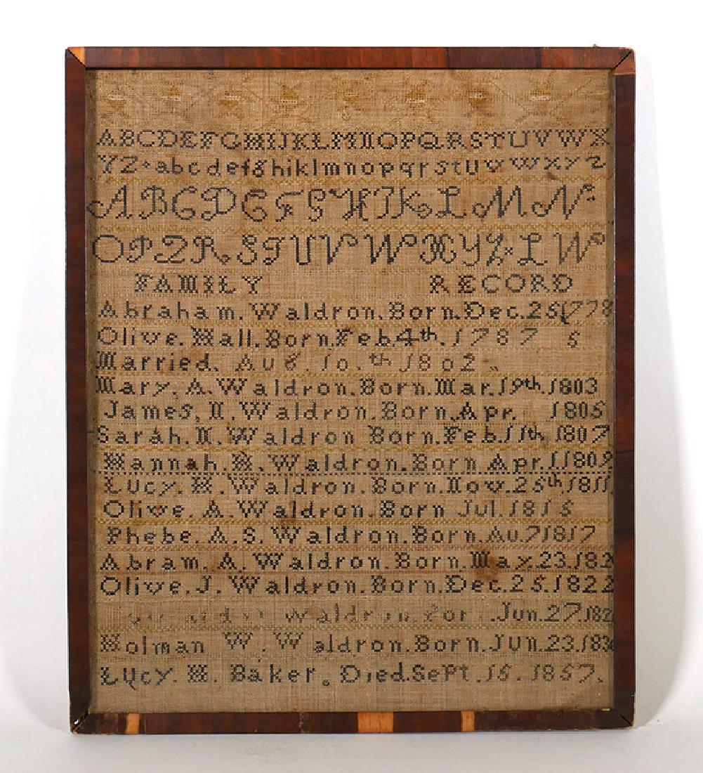 1857 Waldron Hand Stitched Family Record Sampler: Antique 1850s American sampler. Measures 17-3/4" x 14-3/4" overall. Some toning and spots, no serious damage. Minor thread loss.