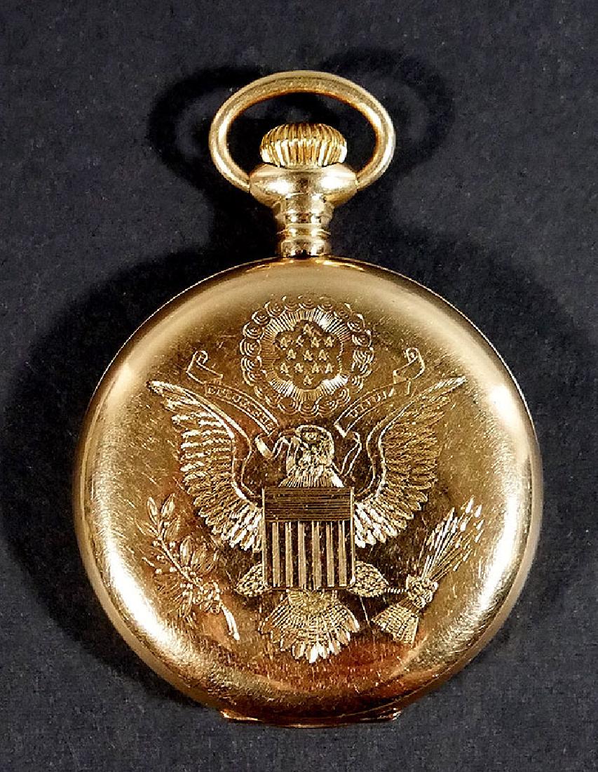 Rare Theodore Roosevelt Presentation Pocket Watch: A 14k gold Waltham hunter pocket watch, presented by President Teddy Roosevelt in 1905 to a British ship captain for rescuing an American ship's crew. The U.S. Presidential seal is engraved on the fro