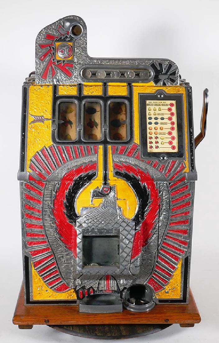 Vintage 1930s Mills War Eagle 5c Slot Machine: Rare working vintage Mills 5c War Eagle slot machine. Might have been repainted (old repaint). Recently serviced by professional slot machine restorer. Comes with key.