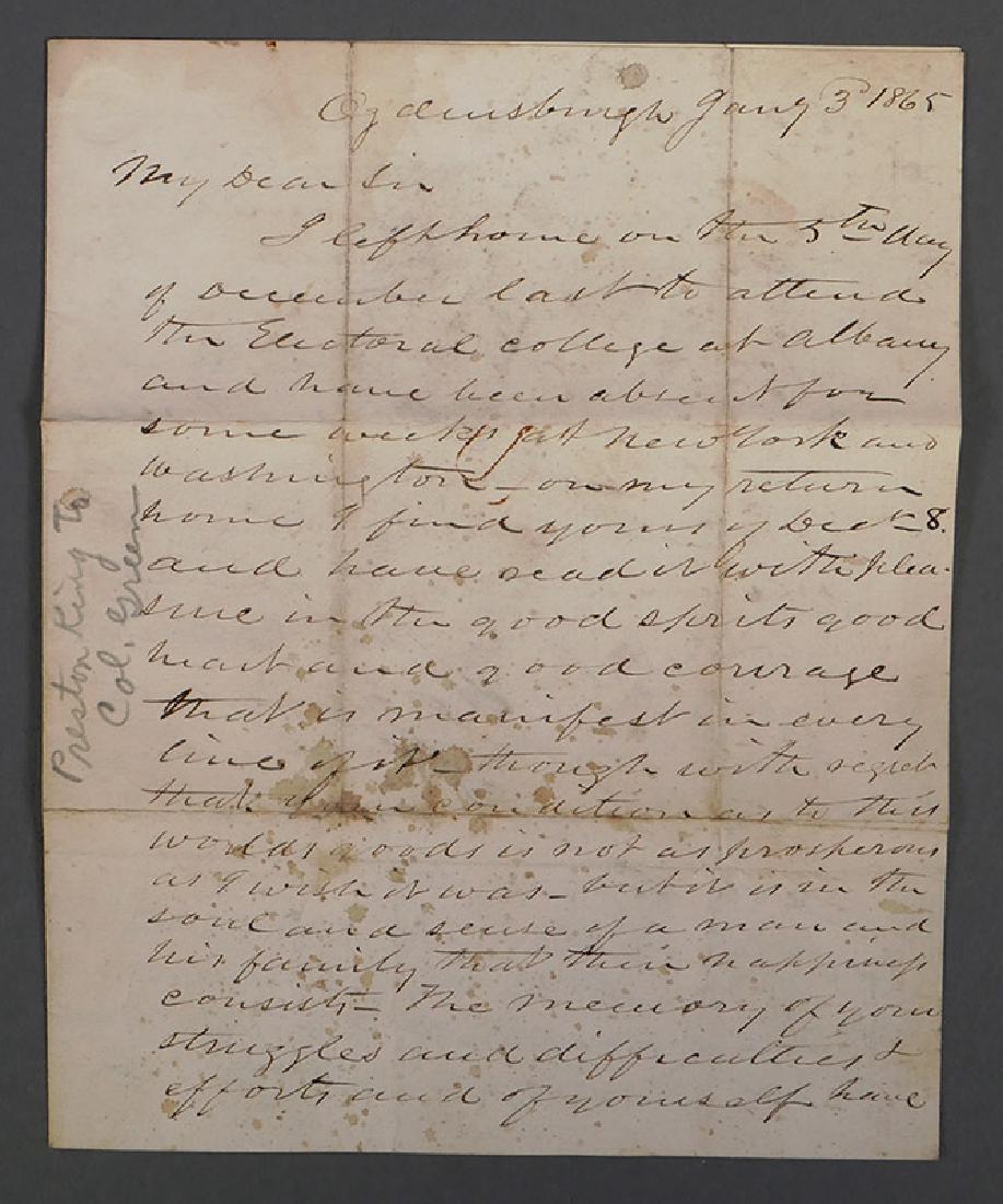 1865 Civil War Letter NY Governor mentions Lincoln: Civil War date (Jan. 3, 1865) letter from New York Governor Preston King to Col. Nelson W. Green formerly of the 76th NY State Volunteers (The Cortland Regiment). In 1861, Col. Green shot a captain in
