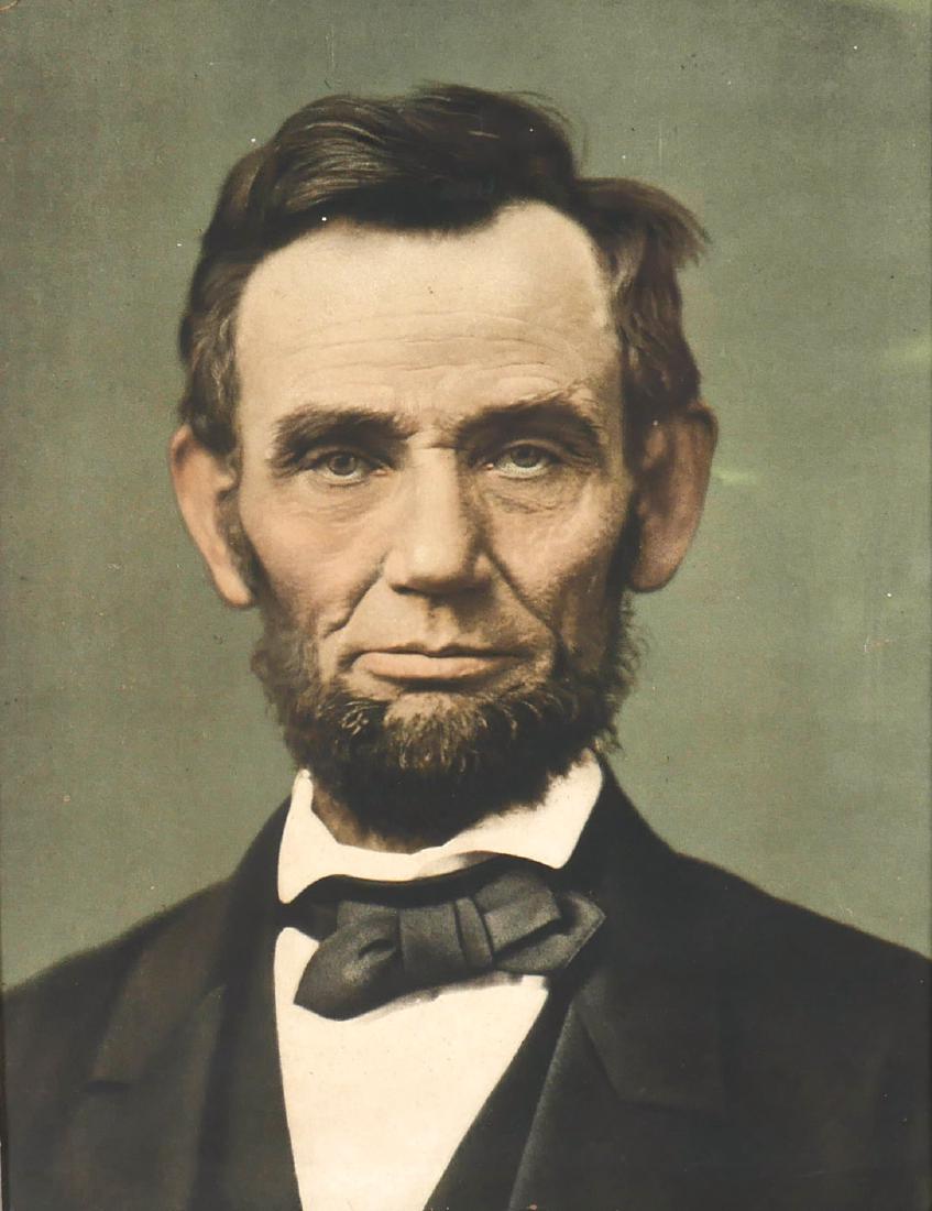 1891 Color Lithograph of Abraham Lincoln, MP Rice: Color lithograph of Abraham Lincoln from a photograph taken originally in 1864 by M.P. Rice. Matting has some water stains. Litho has nice color. One rip (no missing piece) in the upper left corner of