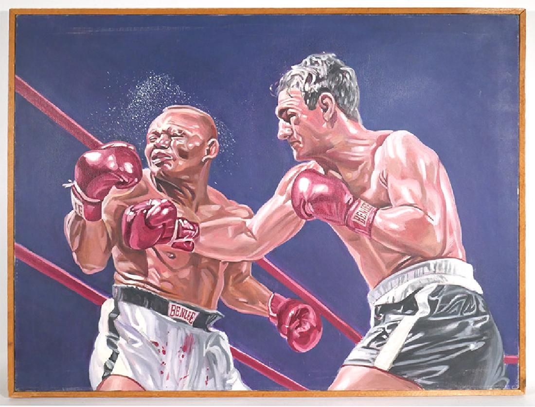 Rocky Marciano Painting on Canvas by Andy Jurinko: Oil on canvas titled on back "Rocky Marciano vs. Jersey Joe Walcott Sept 23, 1952." Signed on back upper left "Andy Jurinko 6/85." Listed artist Jurinko (American, 1939-2011) is best known for his bas