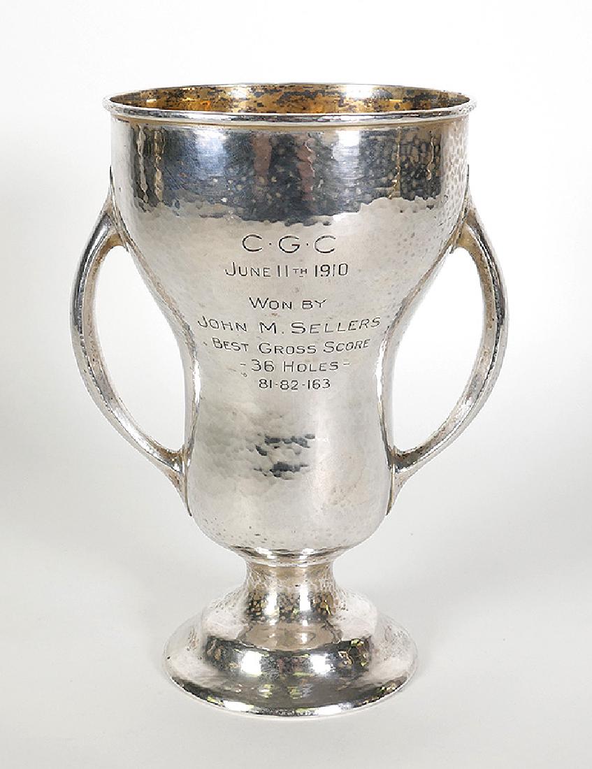 1910 Arts & Crafts Hammered Sterling Golf Trophy: Vintage 14.25 Troy ounce, 7-3/4" high Arts & Crafts Gorham hammered sterling silver golf cup trophy, won by John M. Sellers at a tournament held at the Chicago Golf Club in 1910. The CGC -- the oldest