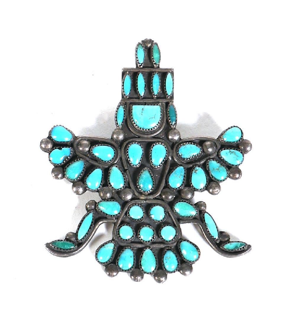 Vintage Zuni Needlepoint Sterling Turquoise Brooch: Vintage Zuni sterling silver and turquoise pin. Measures about 2" long and 1-3/4" wide. One of several vintage Native American jewelry items in today's sale.