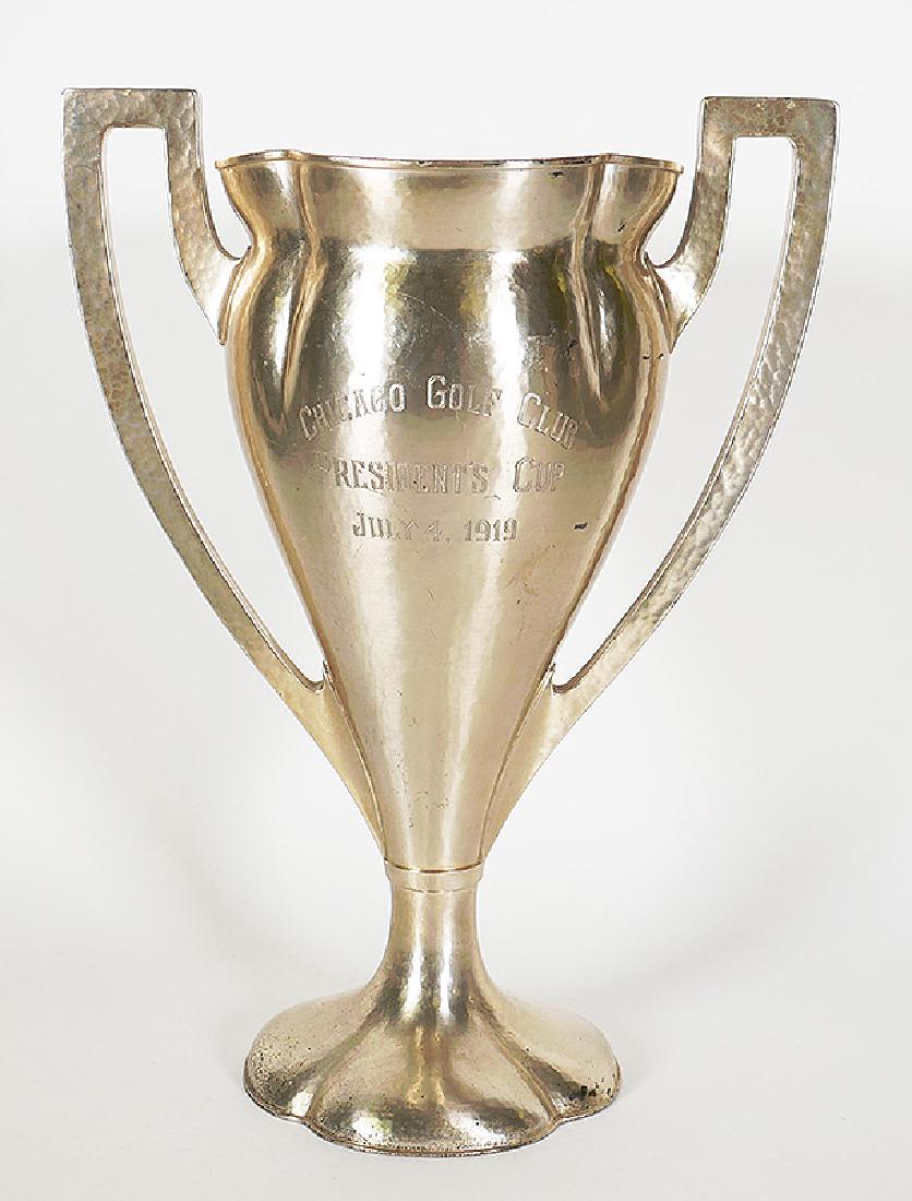 Lebolt Arts & Crafts Chicago Sterling Golf Trophy: Vintage Lebolt (Chicago) hammered Arts & Crafts 27.6 Troy ounce, 12-3/4" high sterling golf cup trophy, won by J.M. Sellers at a tournament held at the Chicago Golf Club in 1919. The CGC -- the oldest