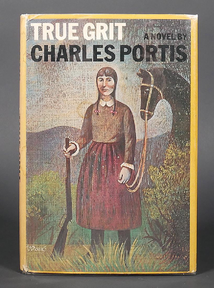 True Grit, First Edition w DJ, 1968 Charles Portis: Stated first printing of True Grit by Charles Portis. Deemed by some critics as one of the greatest examples of American fiction ever written. Good condition. The price-clipped dust jacket has some mi