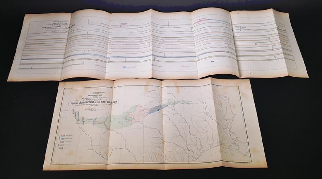 1854 Texas Rio Grande Valley Geologic Survey Maps: Covering the part of Texas from the Red River to the Rio Grande, this geological map and accompanying profile picture the "Route explored by Capt. Jon Pope Corps of Topl. Engrs. Near the 32nd Parallel