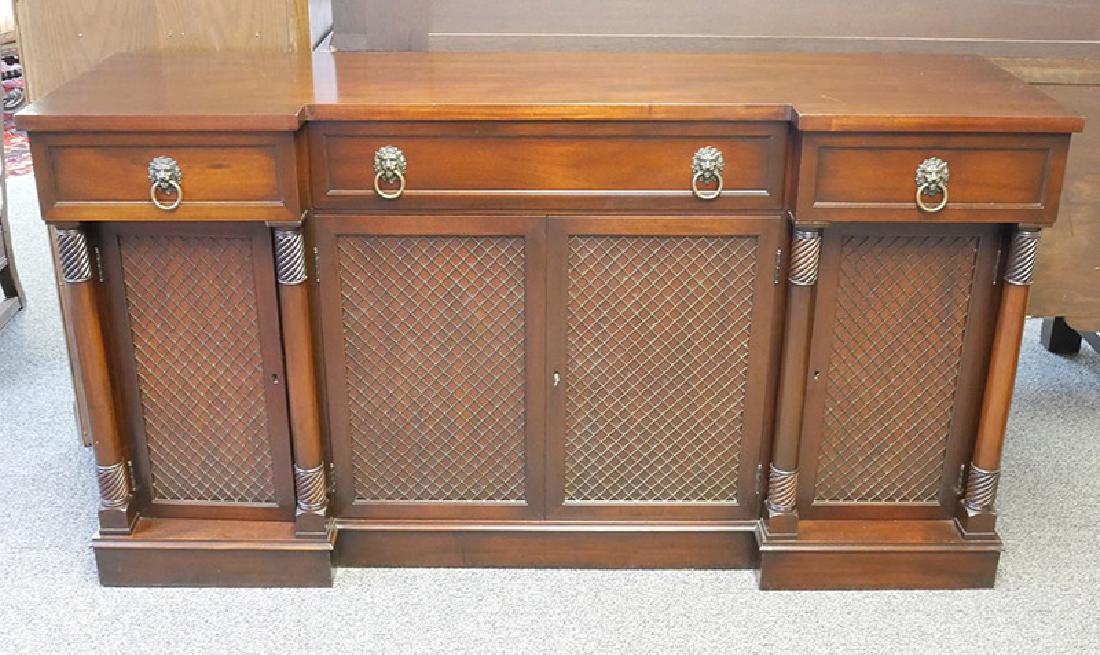 Kittinger Signed Vintage Mahogany Sideboard: Lion head pulls, lattice and columns. 68" wide. 36-1/2" high. Nice condition, with minor, typical wear.
