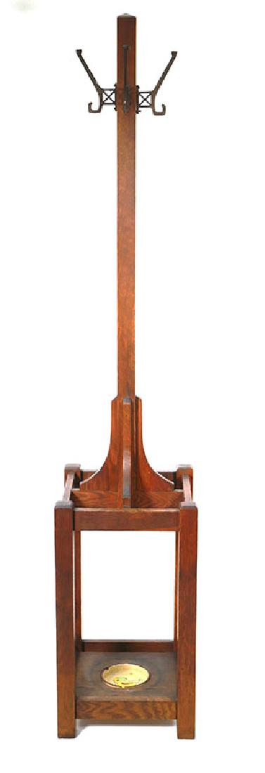 Arts & Crafts Period Oak Coat Rack Umbrella Stand: Measures 68" high. Good condition overall.