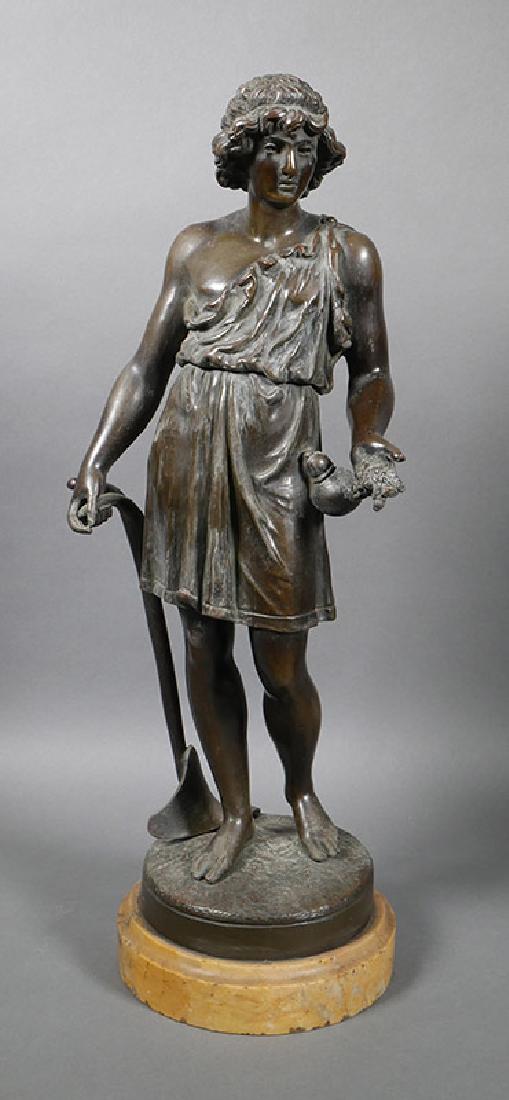 Antique Signed Bronze Statue of Man with Plow: Measures 17" high on marble base. Signed illegibly on base.