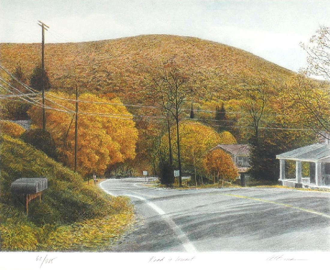 Harold Altman "Road to Lemont" Large Signed: Lithograph by well-listed New York City artist Altman (American, 1924-2003), with embossed Des Jobert stamp. Measures 32-3/4" x 38" in frame. One of several Altman pieces in today's sale.