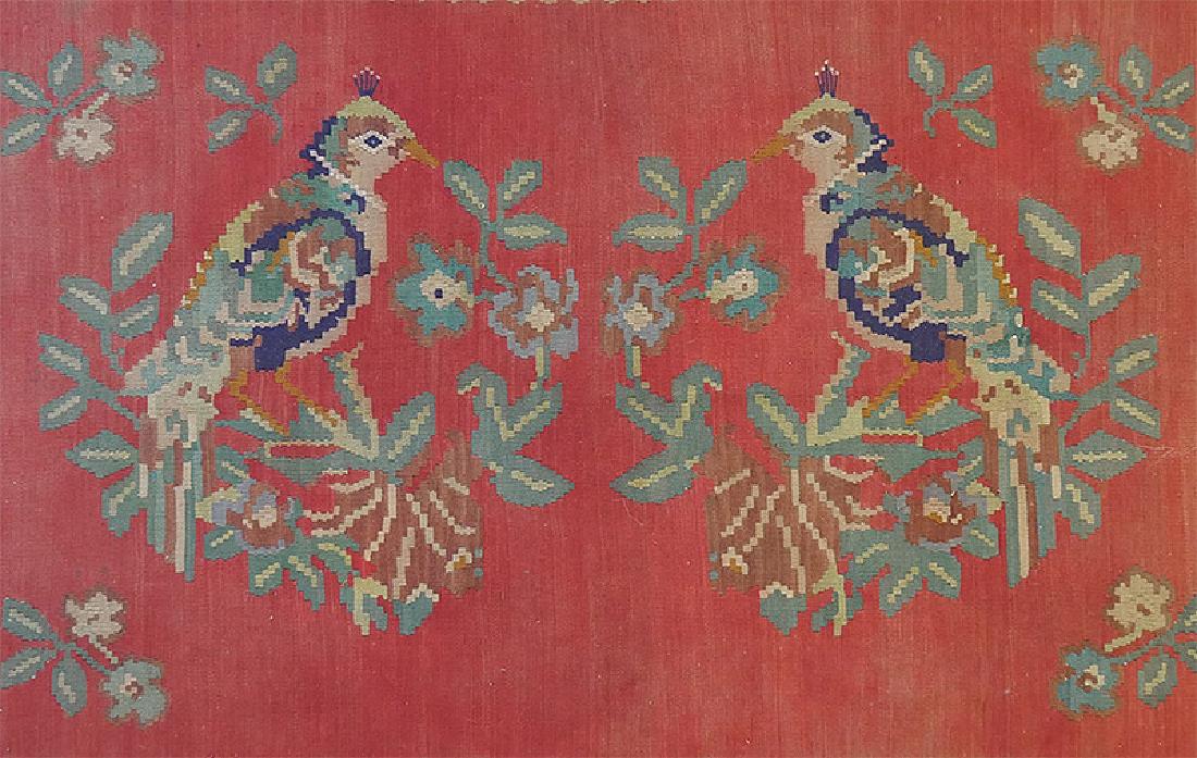 Antique Turkish Kilim Pictorial Rug w Birds 6x5: Field of red depicting crested birds. Turtle motif border with blue, black, tan, sage green. 60 knots per inch. Measures 6'5" x 4'8".