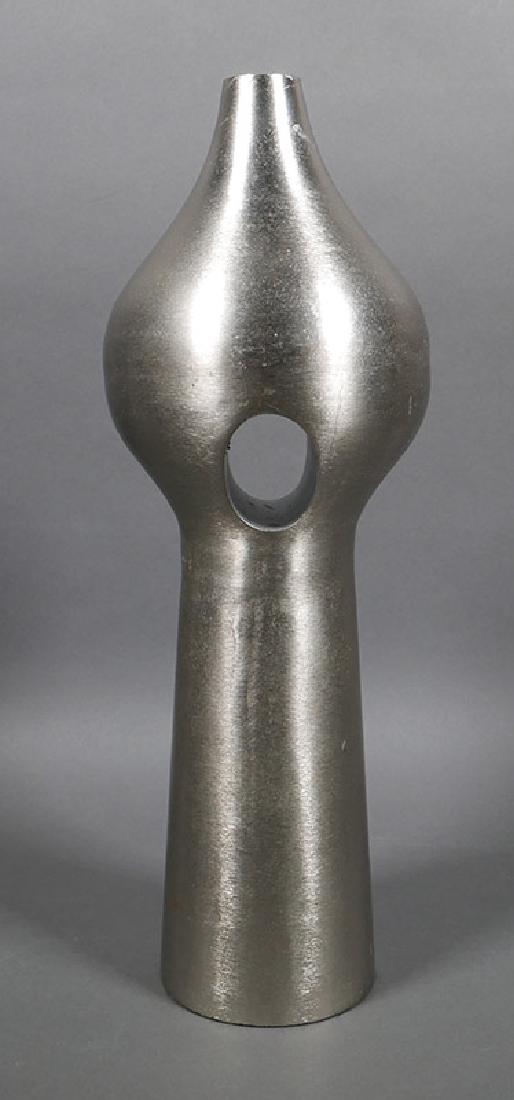 Mid Century Modern Brushed Steel Space Age Vase: Interesting vintage brushed metal (possibly stainless steel) vase, measuring about 13-1/4" high.