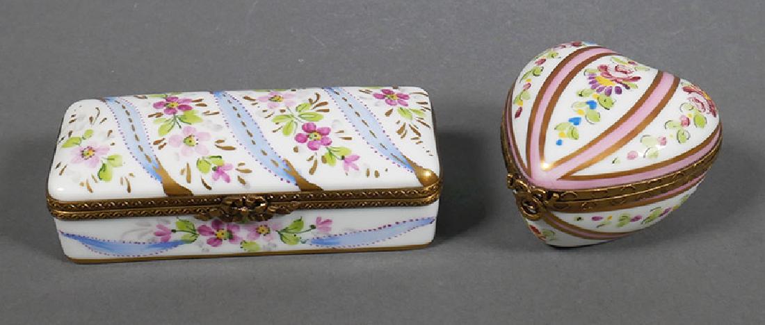 Two Hand Painted Limoges Floral Ormolu Boxes: Two signed Limoges boxes, including a stamp box. Stamp box measures 3-1/2" wide. Both in excellent condition.