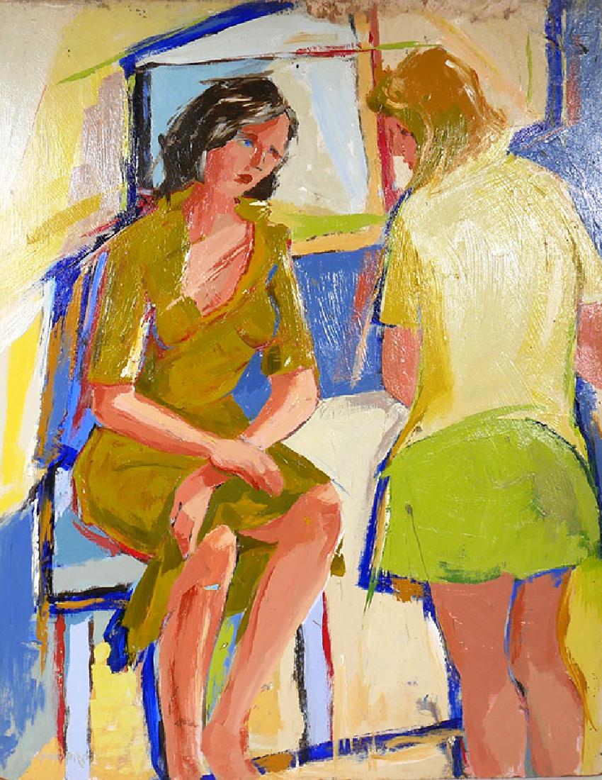 Alfred McNamara Painting of Two Women Talking: Oil on masonite by McNamara (American, 1911-1994). Measures 30" x 24". Signed lower right