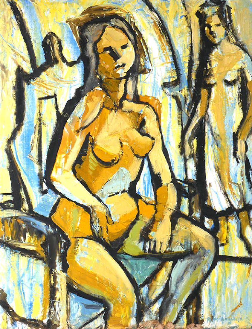 Alfred McNamara Painting Two Women, One Nude: Oil on masonite by McNamara (American, 1911-1994). Measures 30" x 24". Signed lower right