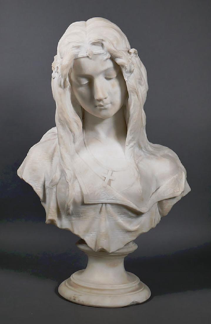 Antique Alabaster Bust of Joan of Arc Signed: Fine old Italian alabaster carved bust of presumably Joan of Arc. Signed on back illegibly. Some base chipping, some hairlines. Gorgeous piece overall. Two-piece statue. Measures 21" high.