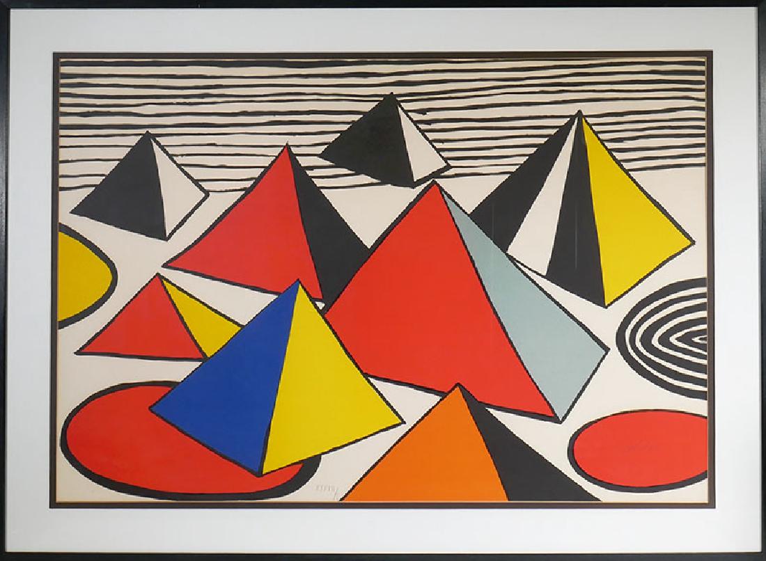 Alexander Calder Pyramids Signed Litho #d to 50: Very large, authentic signed Calder lithograph, measuring 30" x 42" visible in 41" x 55" frame. Numbered "XXXVII / L" (37/50). Excellent condition.