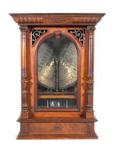 19C Polyphon Coin Operated Music Box & 48 Discs: Fine, working two-slot German coin operated music box by Polyphon Musikwerke of Leipzig, Germany. Music box is housed in a walnut case with columned glass door, decorative openwork (with some old glue