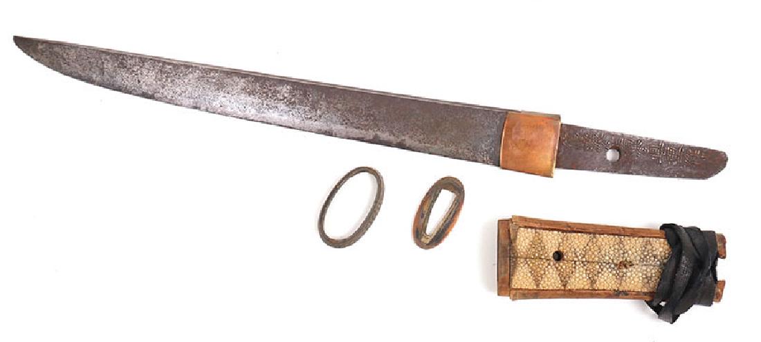 Old Japanese Signed Tanto Short Sword Meiji Era: Unidentified antique Japanese tanto, almost devoid of hardware other than blade, wood handle with shagreen insets and flanges. Both sides of tang are signed. Blade has some shallow pitting and the ver