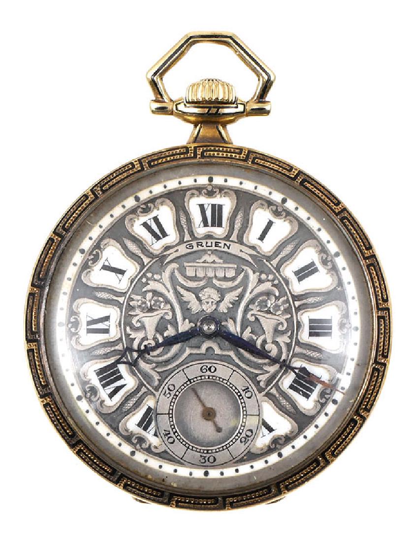 14k Gold Gruen 21 Jewel Enamel Face Pocket Watch (1 of 9)