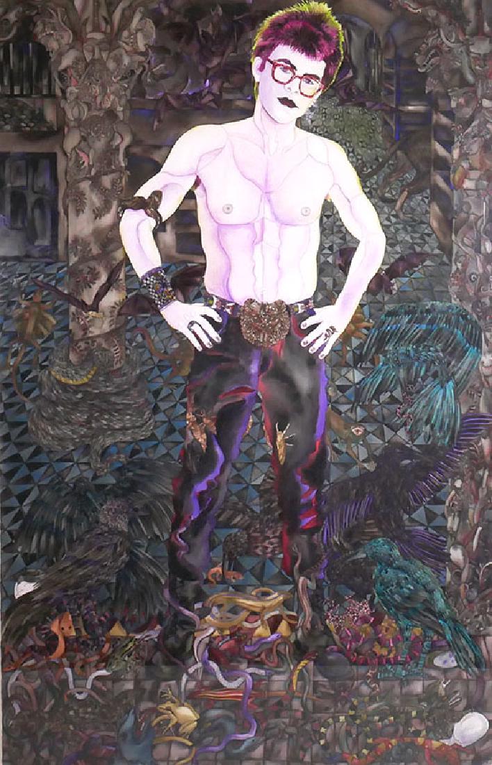 Donna Essig Large Scale Watercolor Man w/Reptiles: Large scale surrealist watercolor on heavy rag paper of male figure with reptiles and birds by listed artist Donna Essig. Signed and dated 11/1990, lower right. Excellent condition. Measures 69" x 44"