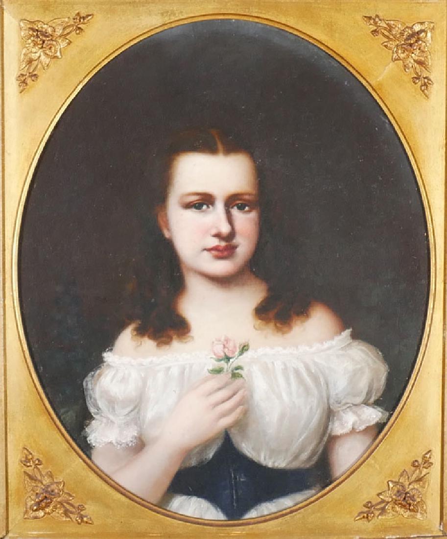 English School Portrait of a Young Lady w/Flower: Victorian oil on oval canvas of a portrait of a young lady holding a pink rose. Good condition. Measures 17" x 14". Frame measures 24-1/2" x 21-1/2".