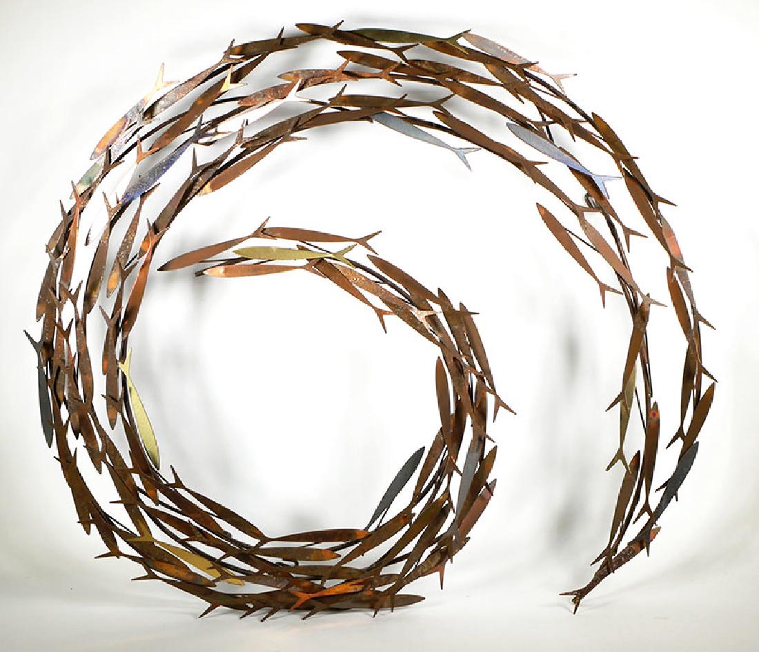 Curtis Jere School of Fish Metal Wall Sculpture: Modernist brass wall sculpture of spiraling school of fish by Curtis Jere in silver, gold and brass colors. Signed lower right on fish, C. Jere, dated 1978. Good condition. Measures approx. 27-1/2" x 