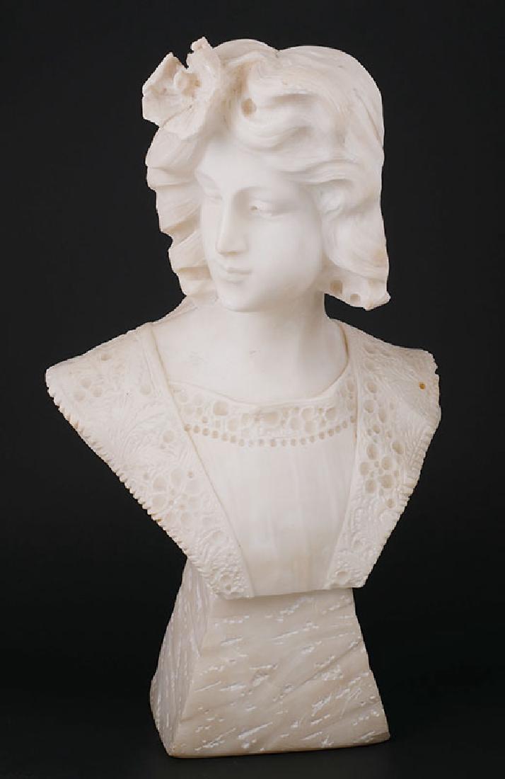 Antique Carved Alabaster Bust of Woman: Unsigned. Very nicely carved. Measures about 15-1/2" high.