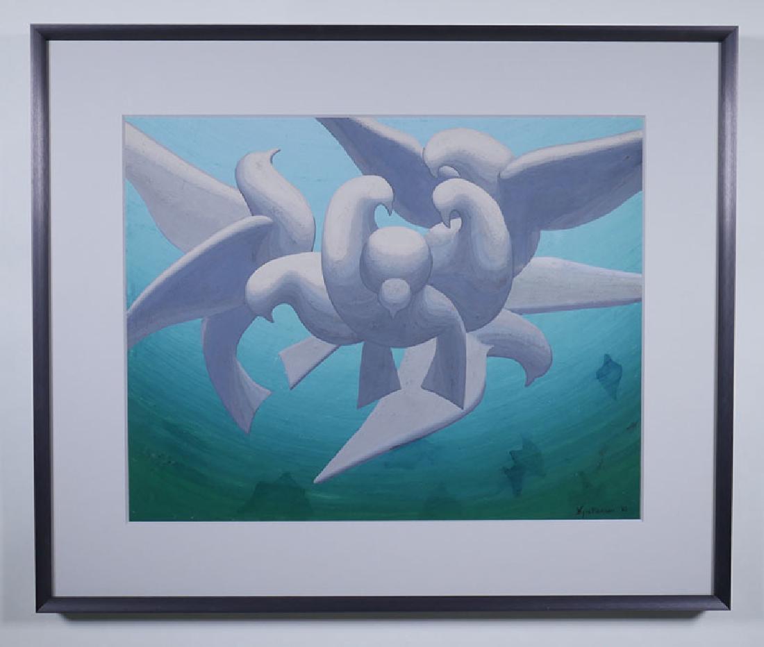 Kyra (Gaither) Markham (1891-1967) Dove Painting: Gouache on paper of stylized doves in flight by well-listed artist Markham. Signed lower right, "Kyra Markham '60". Good condition. Measures 15-18" x 19-3/8". Frame measures 22" x 26-1/4".