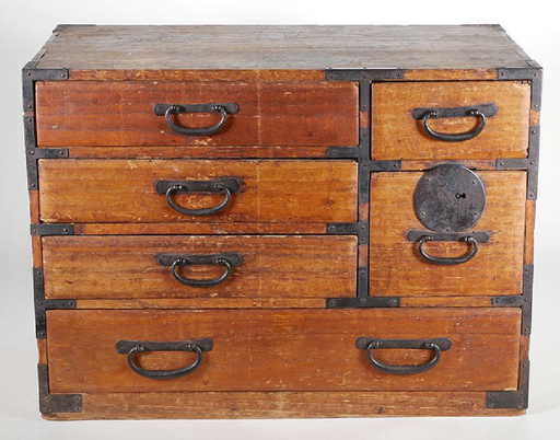 Small Antique Japanese Tansu 6 Drawer Wood Chest - Small Antique Japanese Tansu 6 Drawer Wood Chest