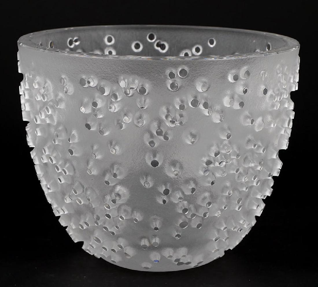 Midcentury Modern Scandinavian Art Glass Vase: Measures 4-3/4" high. Fine condition. Maker's hallmark along side of top edge, unidentified. Frosted finish with tips of knobs polished to transparent.