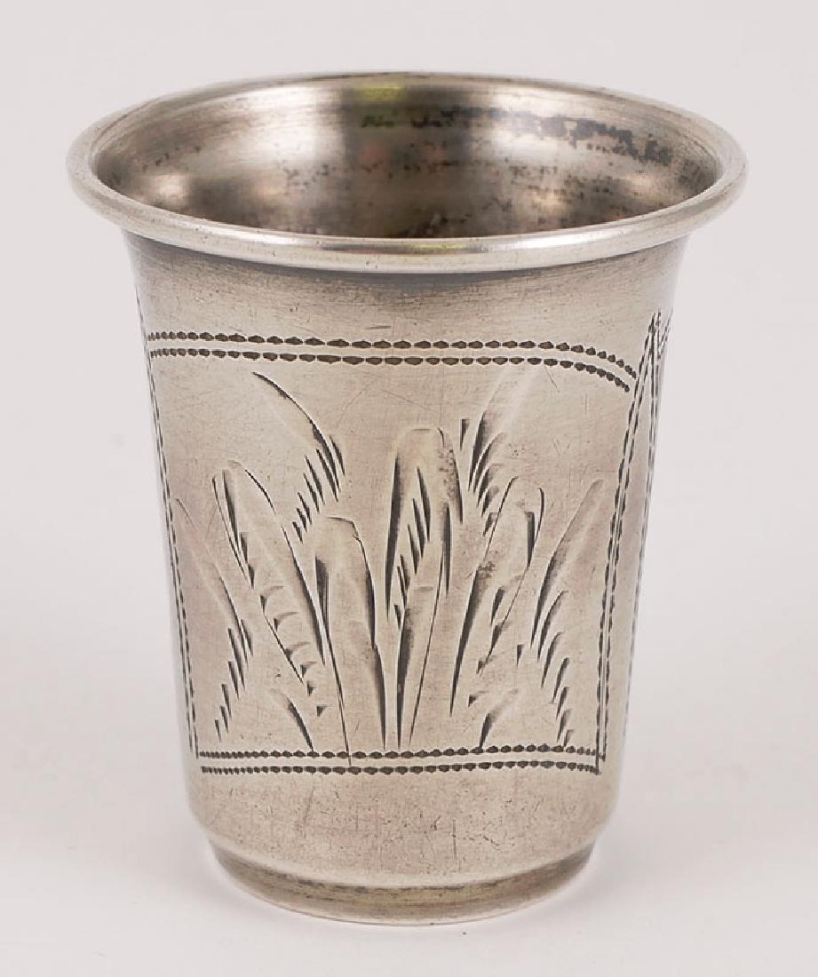 19C Russian 84 Silver Vodka Cup: Antique Russian hallmarked vodka cup measuring about 1-3/4" high. Light wear, a couple of bumps. 16.7 grams.