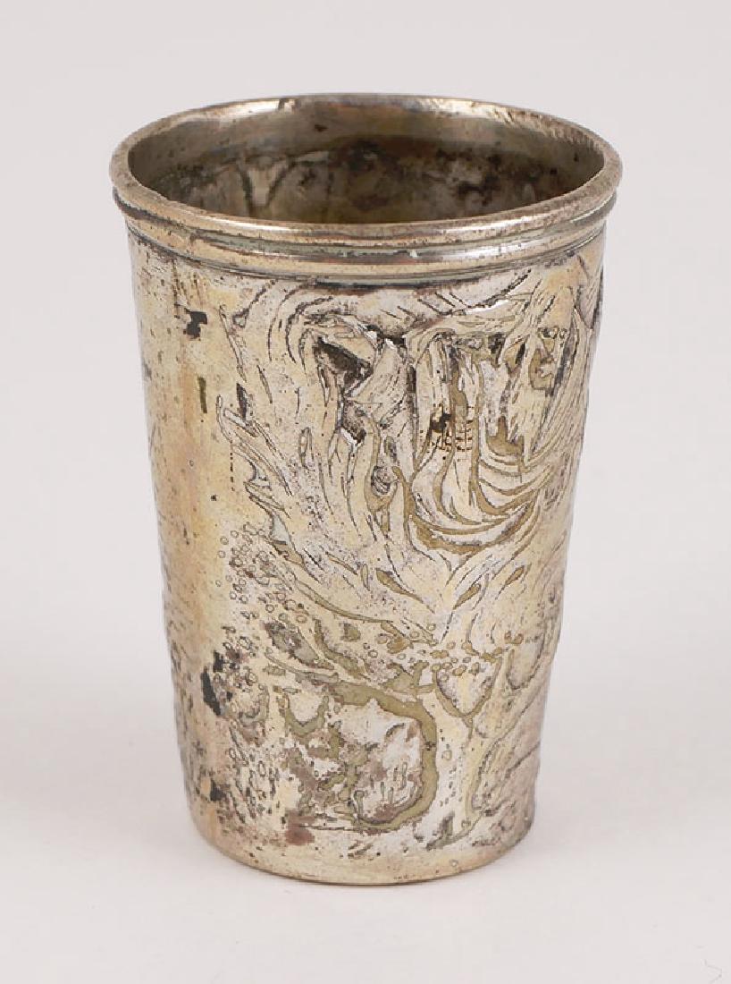 Continental 19C .800 Silver Cup Moses Burning Bush: Measures 1-5/8" high, Relief, hand-chased depiction of Moses kneeling before burning bush, personification of God appearing to him. Pyramids in background. 22.9 grams.