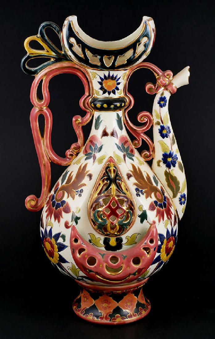 Antique Hungarian Fisher or Zsolnay Openwork Ewer: Handpainted reticulated jug, probably circa 1900. Measures 12-1/2" high.
