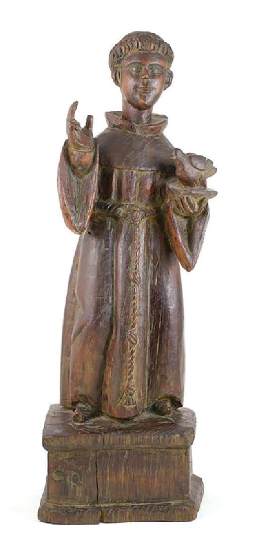 Antique Carved Statue of St. Francis 21" Santo: 21" tall carved wood statue of St. Francis holding a bird. Possibly South American.