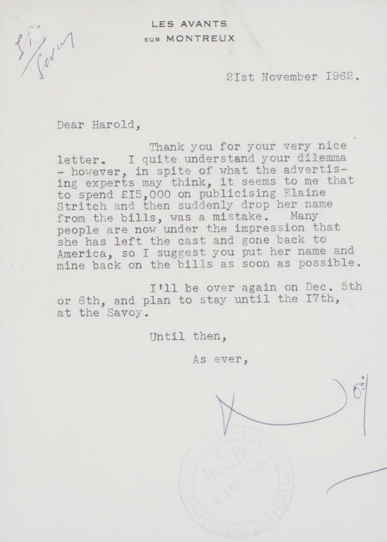 Noel Coward Typed Letter Signed With Good Content: Letter dated November 1962, signed by Noel Coward, written to Harold Fielding, legendary English stage producer, regarding the advertising of the musical, "Sail Away." Evidently Coward didn't agree on