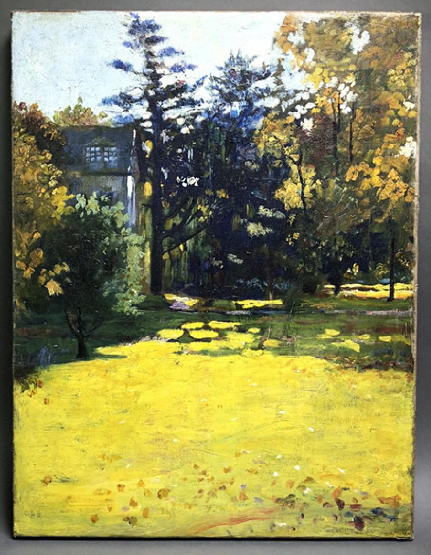 Joseph L. Smith Oil Painting of His Boston Home: Oil on canvas painting by well-listed artist Joseph Lindon Smith (American, 1863-1950), depicting his home, The Ludlow on Trinity Terrace, in Boston (identified as such in pencil on the stretcher). Sm