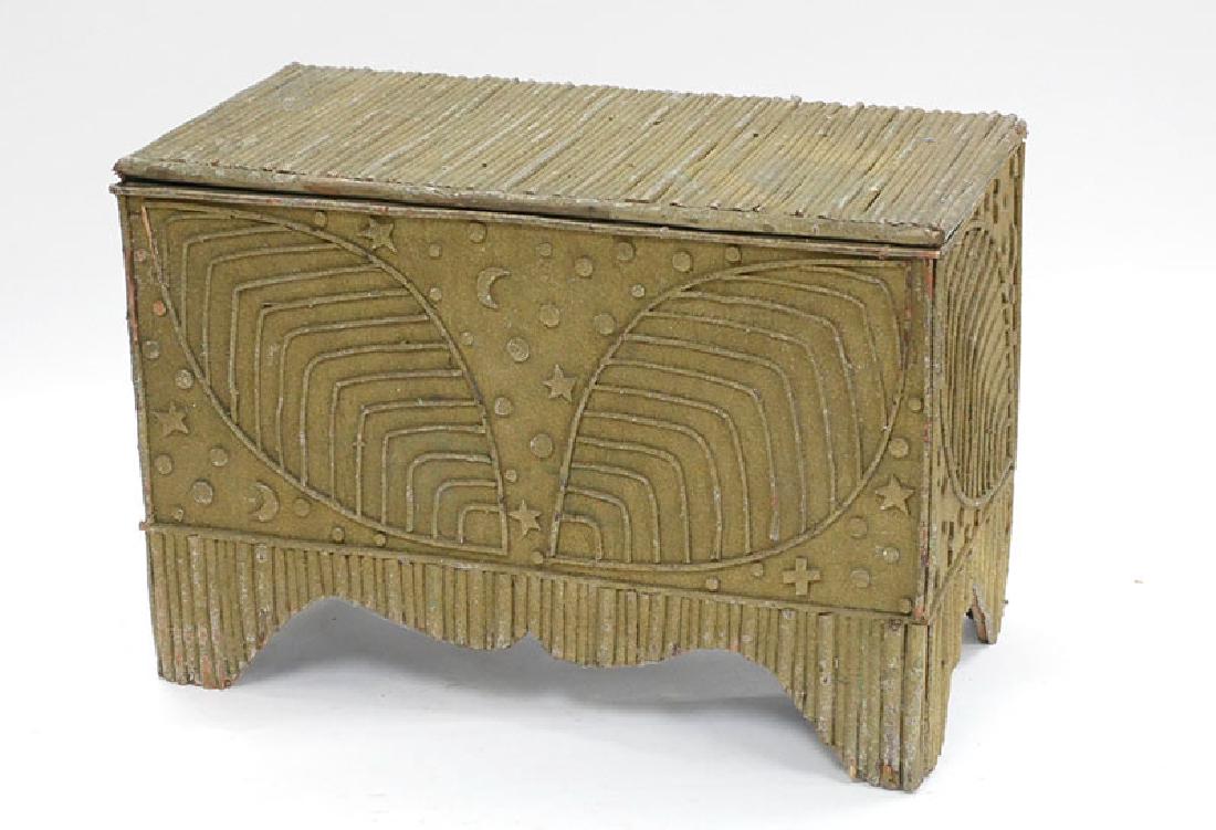 Folk Art Moon & Star Twig Decorated Chest: Folk art twig decorated chest or trunk, c. 1940s. Plywood frame covered in wooden twigs in a moon and star motif with several large leaf shapes. Allover sand surface, painted green with simplified scr