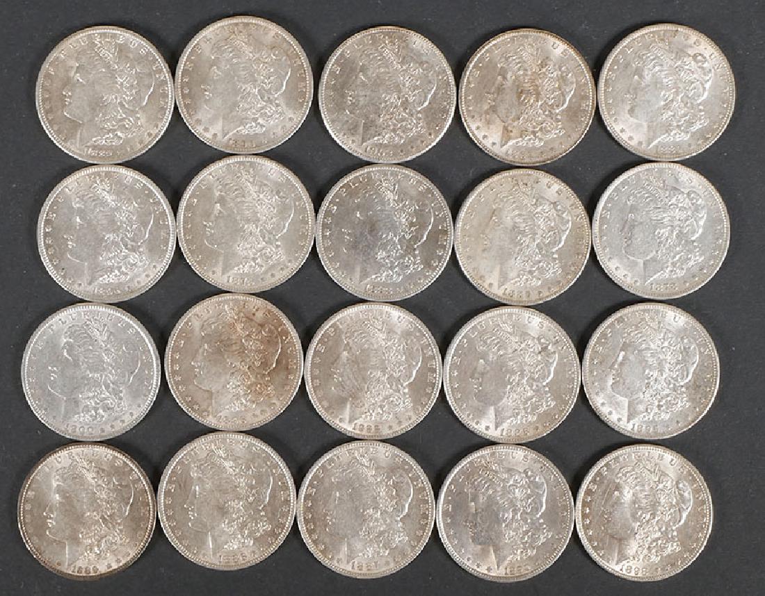 Roll 20 Morgan Silver Dollars Various Dates AU-UNC: Roll of 20 Morgan Silver Dollars of various dates including: 1878, '79, '83, '84, '86, '87, '88, '89, '90, '96, '97, '98, 1900, 1902. Please see photos. All one money. AU-UNC condition.