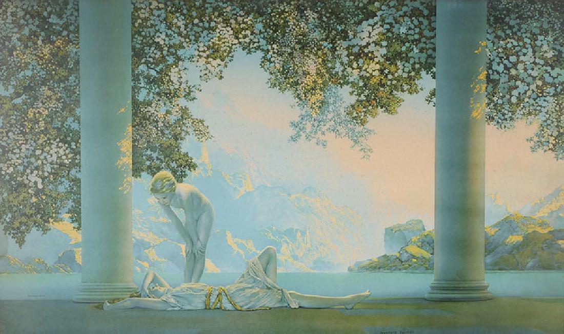 "Day Break" Print Maxfield Parrish (1870-1966): Framed print titled "Day Break" by artist Maxfield Parrish (1870-1966). Good condition, original glass and frame. Image measures 17-3/4" x 29-1/2". Frame measures 21-1/2" x 33-1/4".