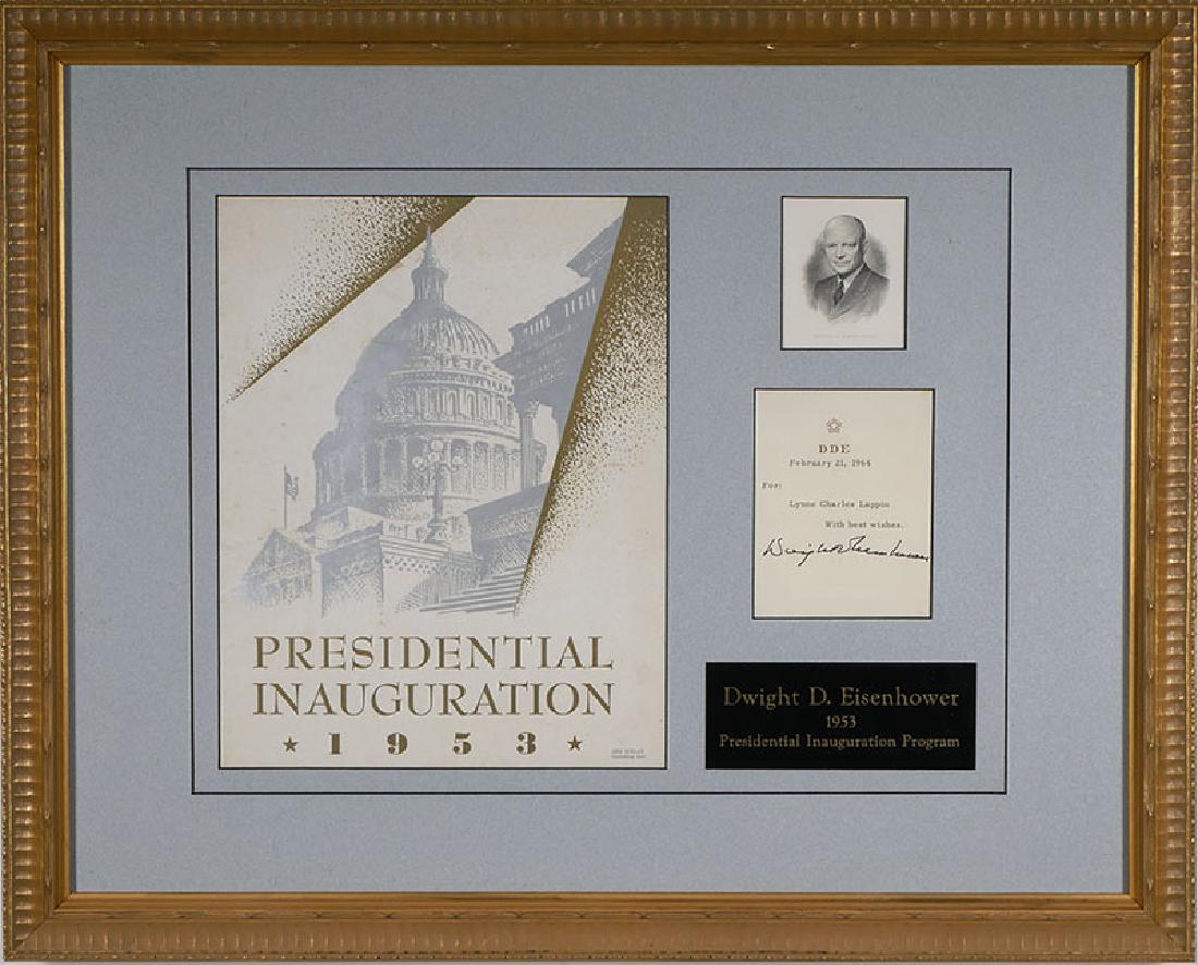 Dwight D Eisenhower Signed Card, Inauguration Book: Monogrammed signature card, with typed date and inscription to recipient, hand-signed by former President Eisenhower. Nicely matted and framed with full 1953 inaugural program (not just a cover). Over