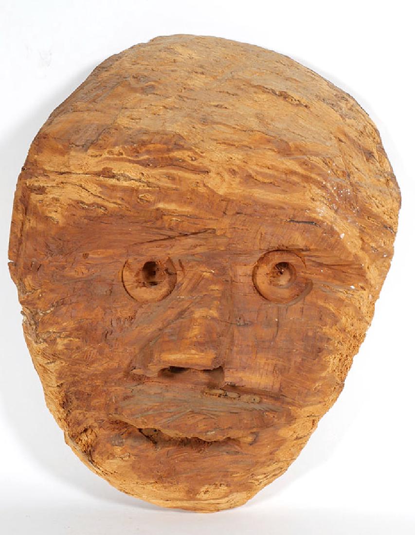 Jesse Aaron Mask Florida Folk Art Wood Carving: Carved wood mask carved by Jesse Aaron (American, 1887-1979). Measures about 11" x 9". Born in Lake City, Florida, Aaron was part African American and part Seminole Indian. He spent most of his life i