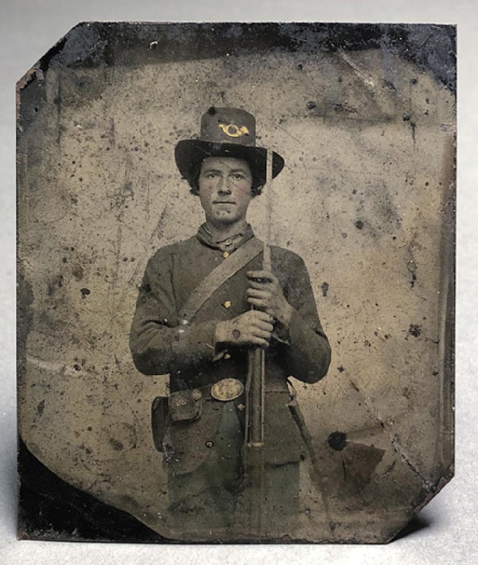 Civil War Soldier Tintype Indiana Inf Identified: Photograph of Union soldier, identified by descendants as Tim Clair, 36th Regiment, Indiana Infantry. Tin type measures about 3" x 2-5/8".