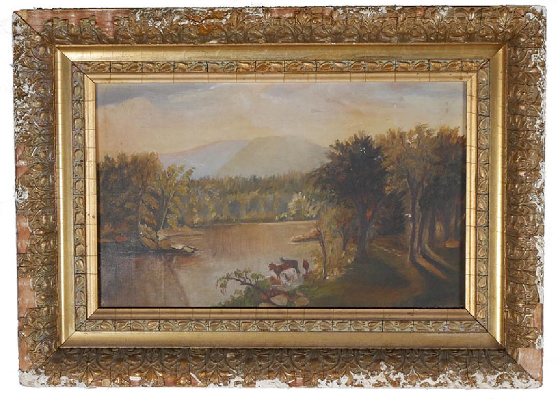 19C Hudson River School Landscape Oil on Canvas: Unsigned oil on canvas painting of cows standing at water's edge. Measures 8-1/2" x 13-1/4" in 13" x 18" worn frame. Nice little painting, if a bit folk-art-ish. Two openings from punctures, very litt