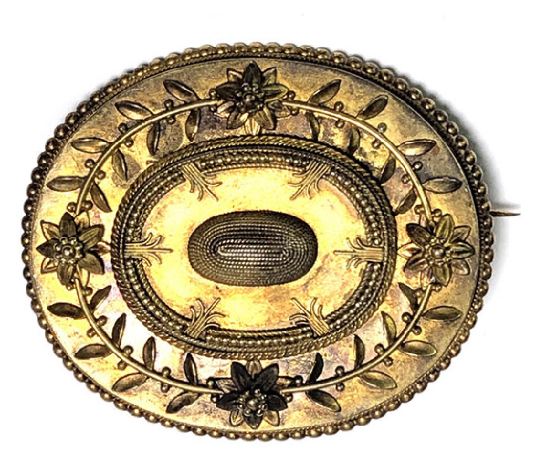 Ornate 14k Gold Mourning Brooch Victorian Locket: Ornate mourning pin with hair window on back. Tested 14k gold. Measures 1-3/4" wide and weighs 18.9 grams.
