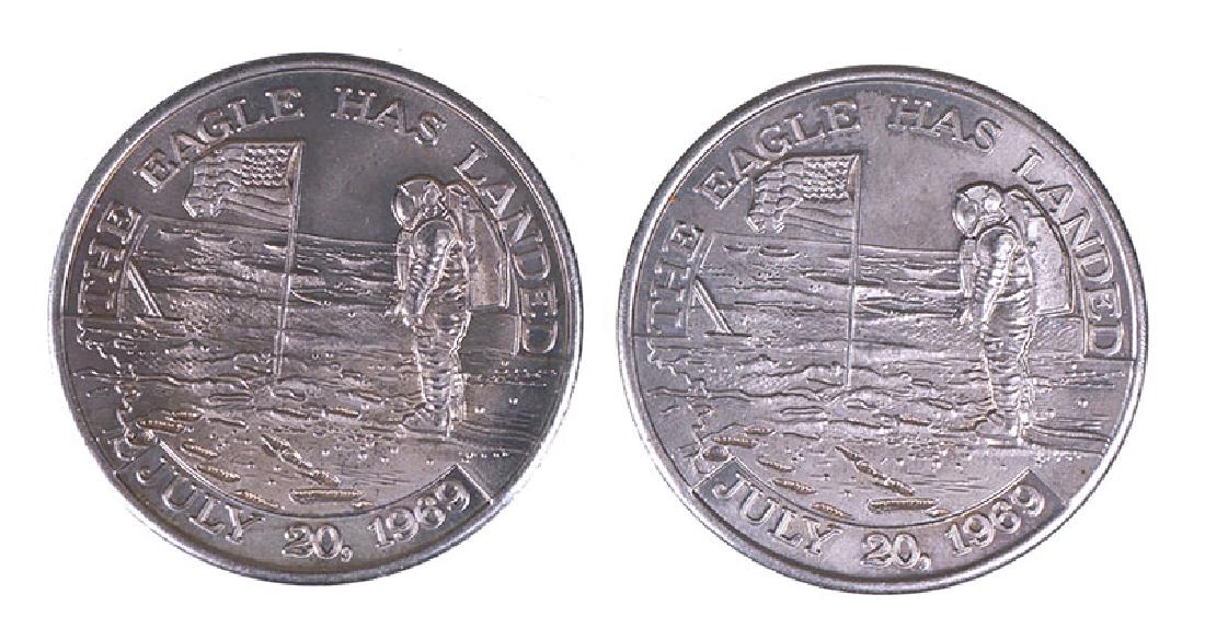 2 APOLLO 11 Flight Awareness Coins SPACE FLOWN: Two medallions commemorating the Apollo 11 mission from the collection of a NASA employee and associate of Wernher von Braun. Each medal is well-struck on both sides. One side reads "The Eagle Has Lan